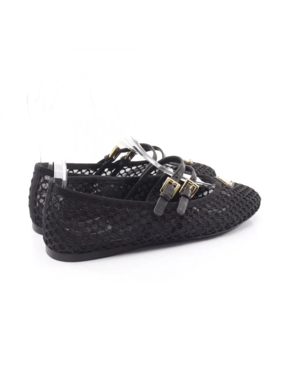 Prada Pumps Macrame Mesh Black Leather Ballet Shoes